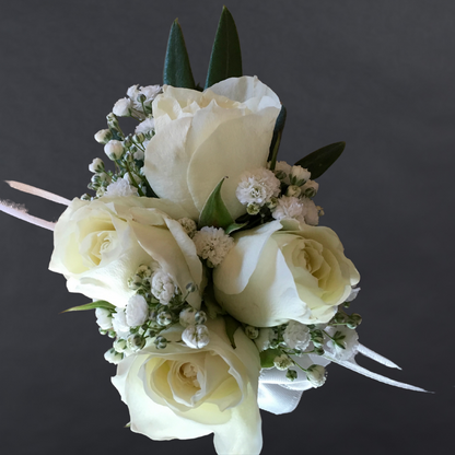 Corsage With White Premium Mini Roses + Gypsophila + Greenery