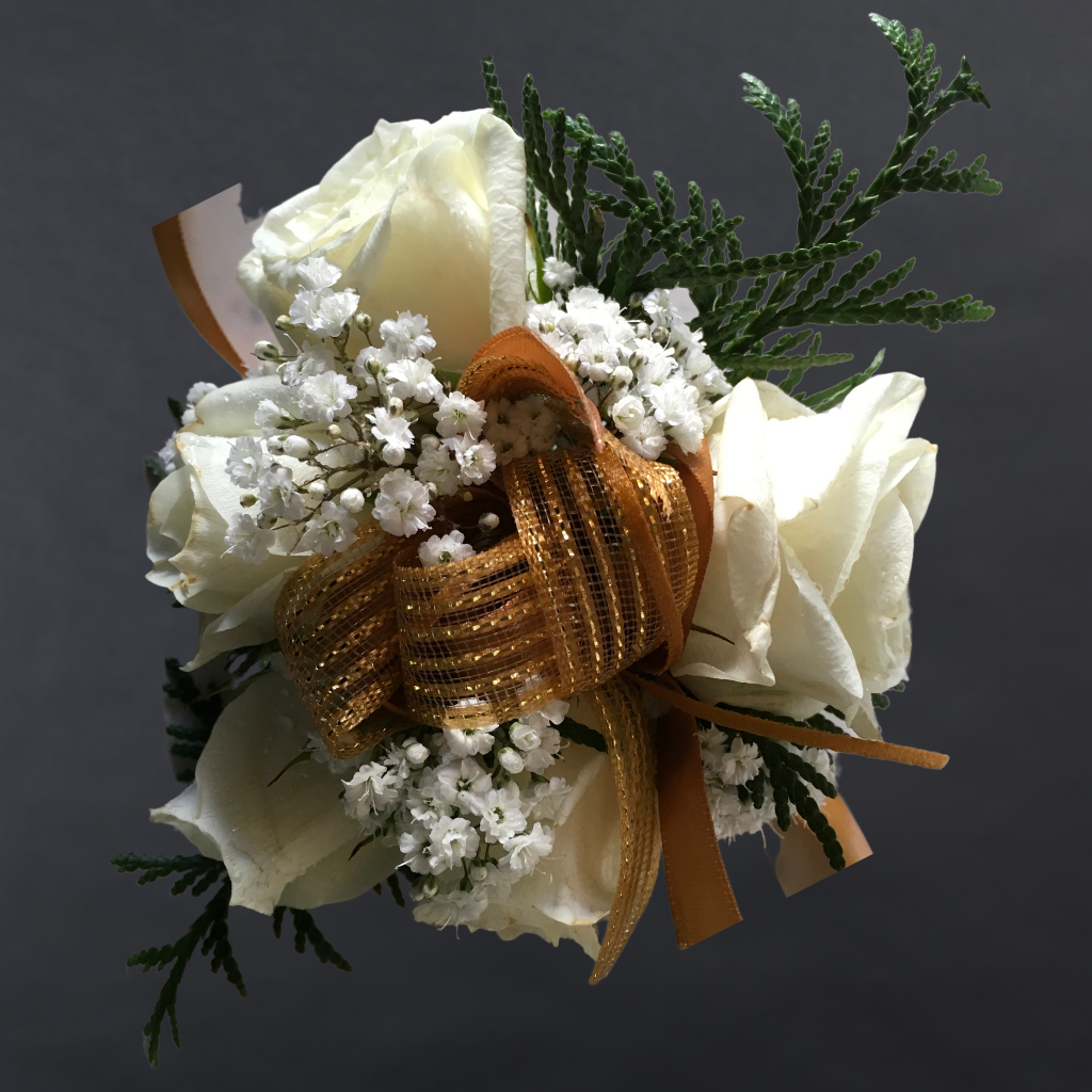 Corsage With White Premium Mini Roses + Gypsophila + Filler + Gold