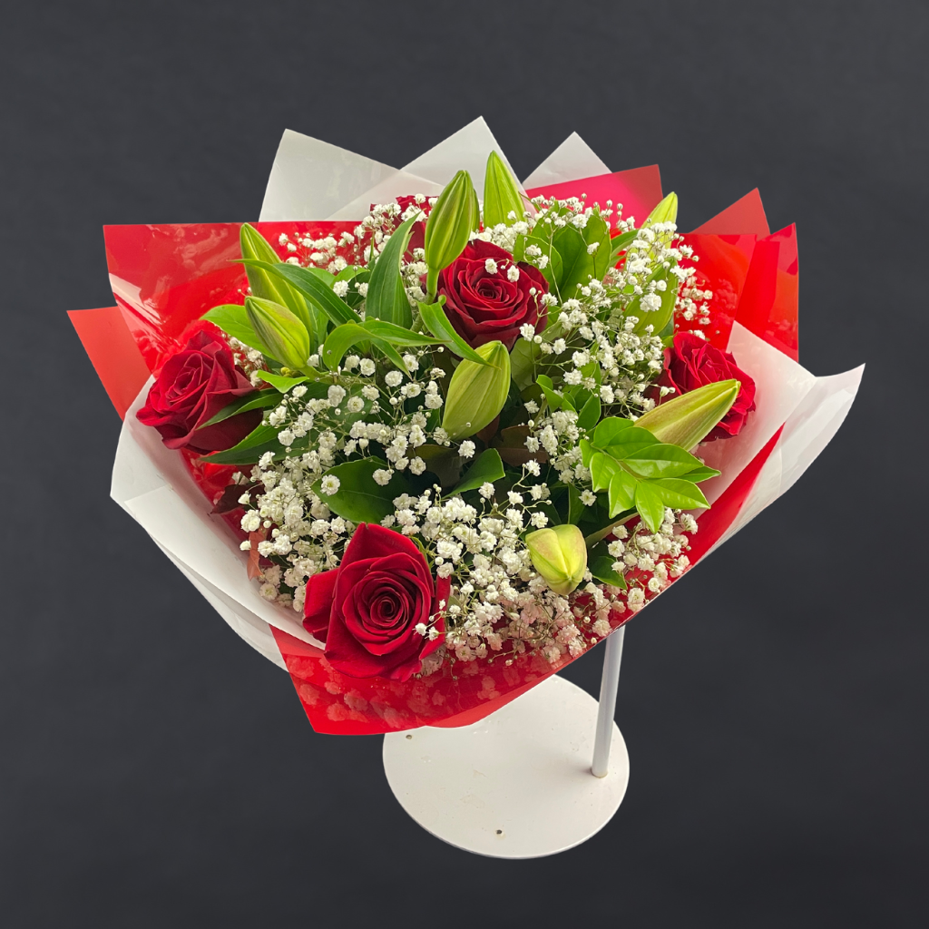 Elegant Columbia Roses With Oriental Lilies Collection- RED - 5 STEMS