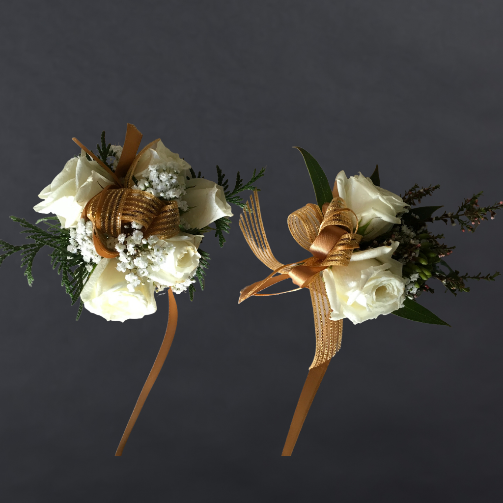 Corsage With White Premium Mini Roses + Gypsophila + Filler + Gold