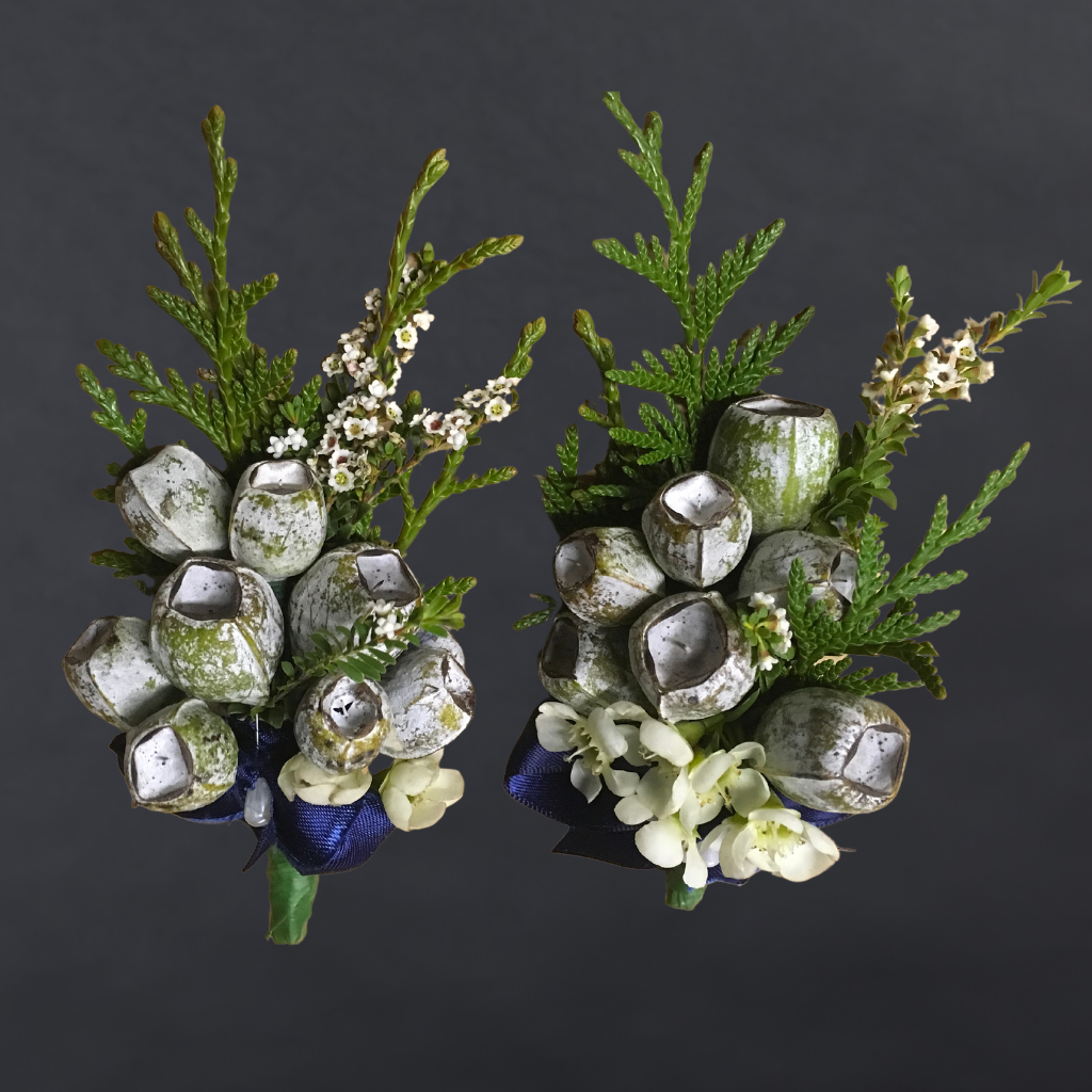 Boutonniere With Tetra Nuts + Gypsophila + Greenery + Ribbon Bow