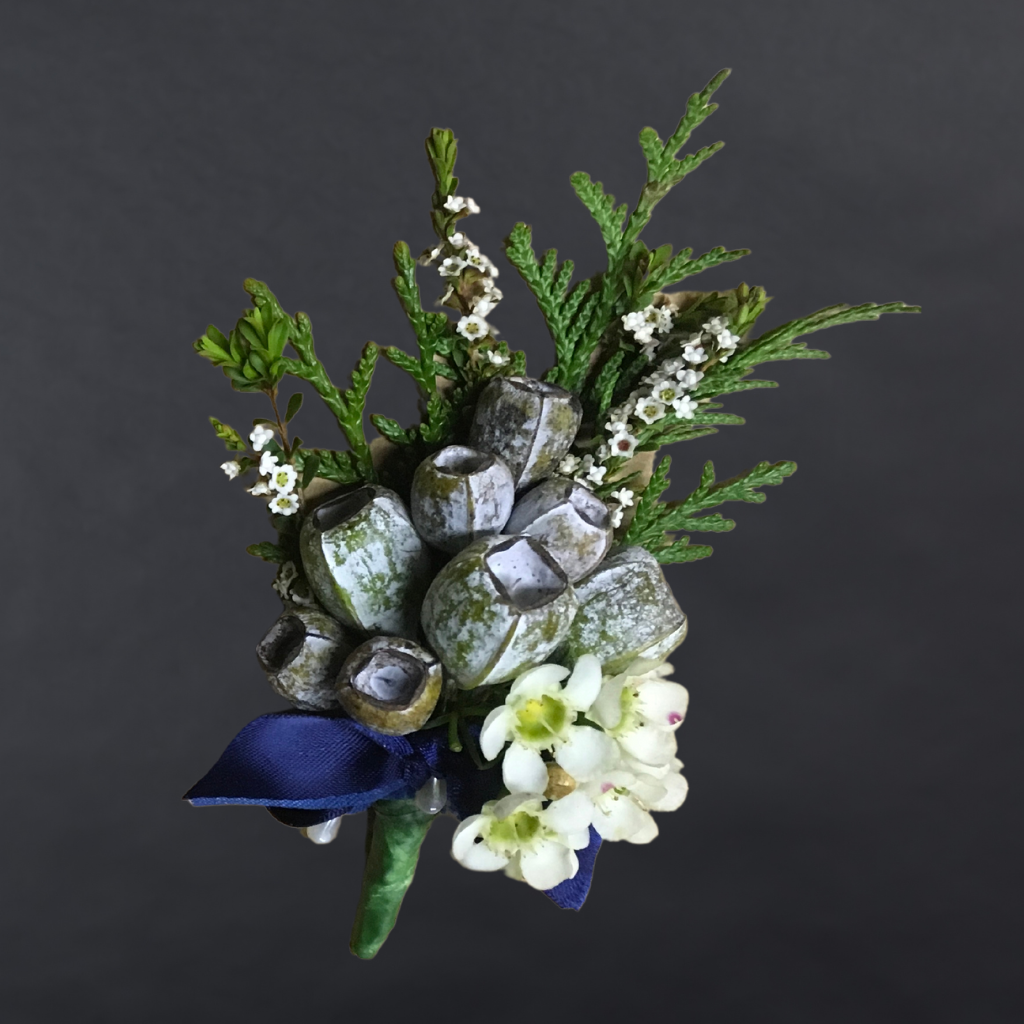 Boutonniere With Tetra Nuts + Gypsophila + Greenery + Ribbon Bow