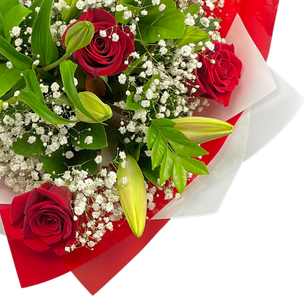 Elegant Columbia Roses With Oriental Lilies Collection- RED - 5 STEMS