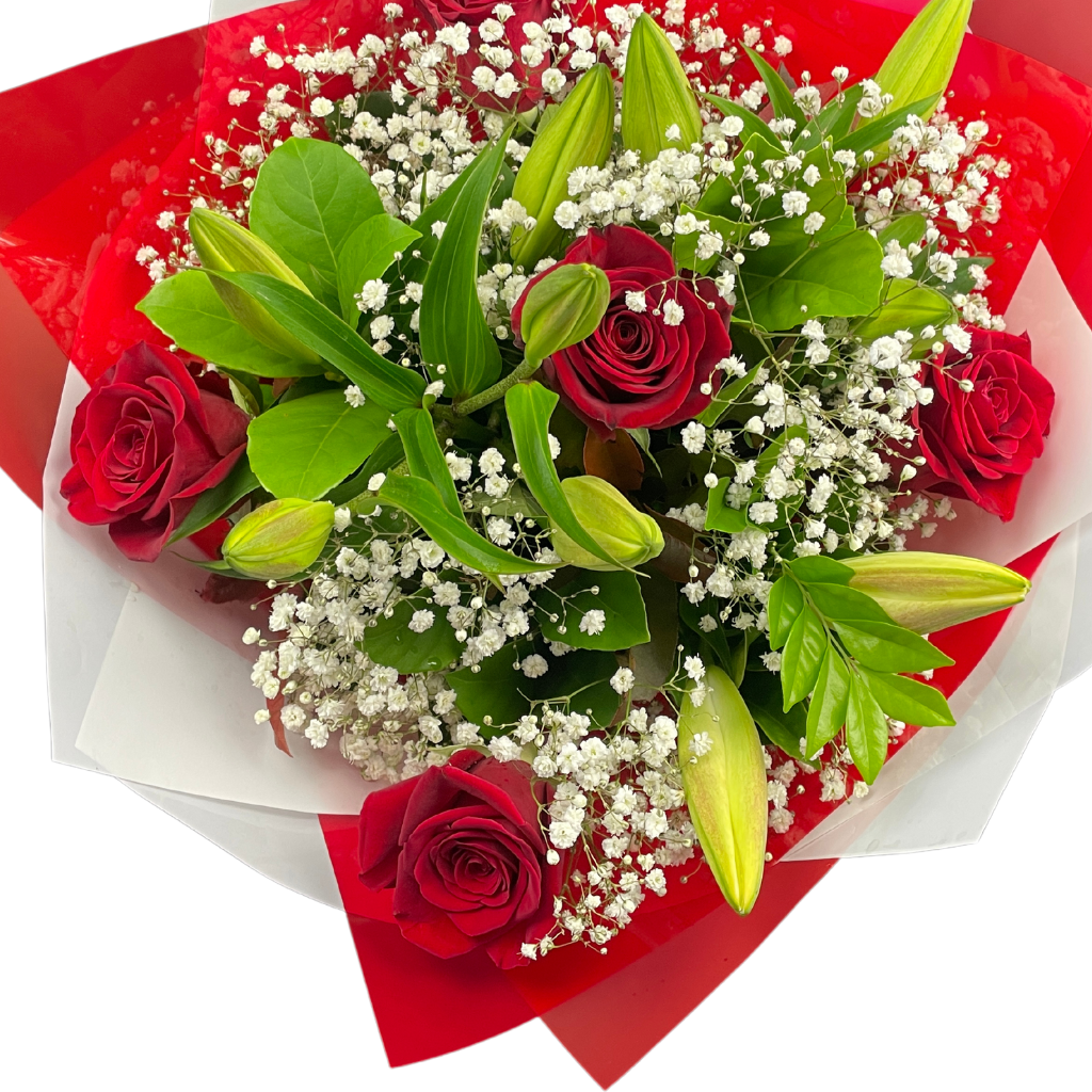 Elegant Columbia Roses With Oriental Lilies Collection- RED - 5 STEMS