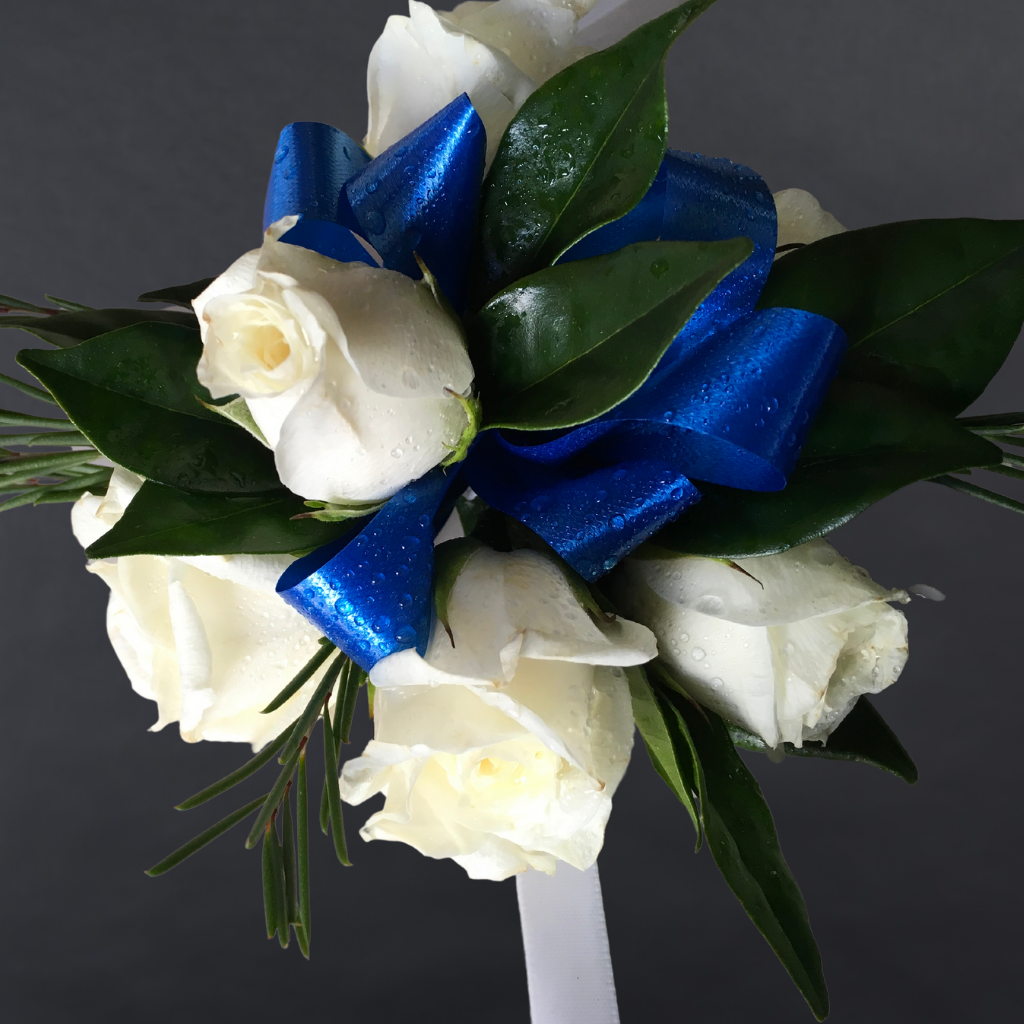 Corsage With White Premium Mini Roses + Filler + Greenery + Blue