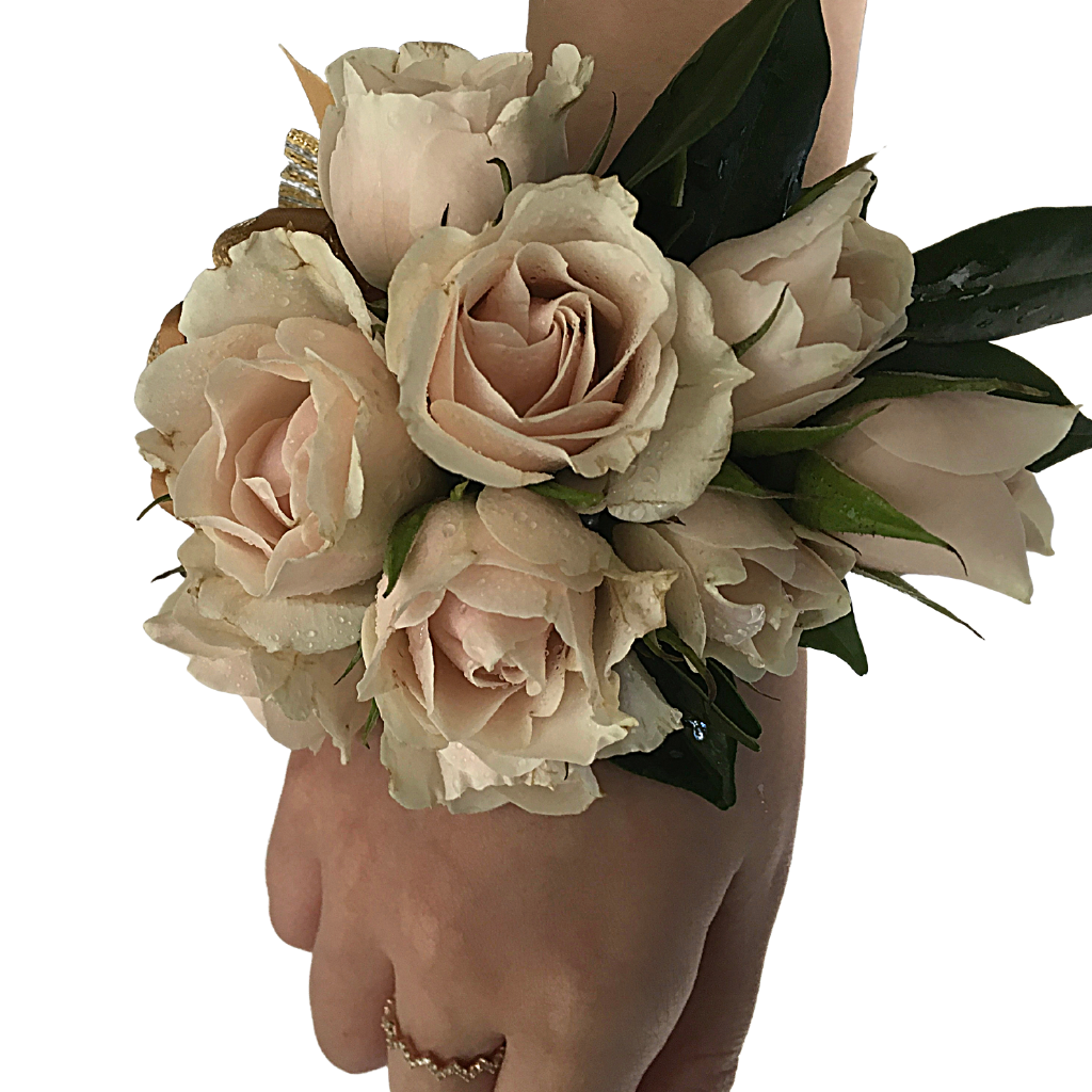 Corsage With Pink Premium Mini Roses + Filler + Greenery + Gold