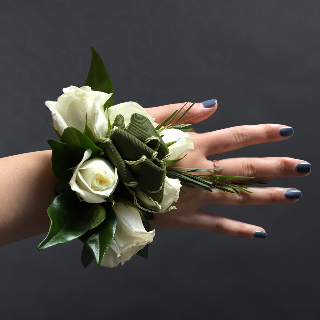 Corsage With White Premium Mini Roses  + Greenery + Ribbon Bow