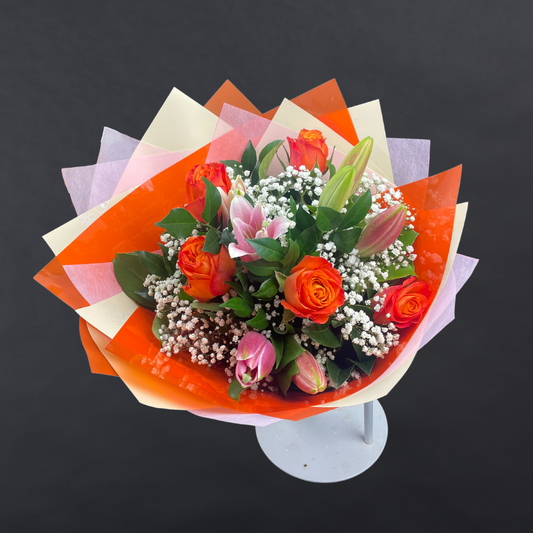 Elegant Roses Collection with Oriental Lilies - Orange - 5 STEMS