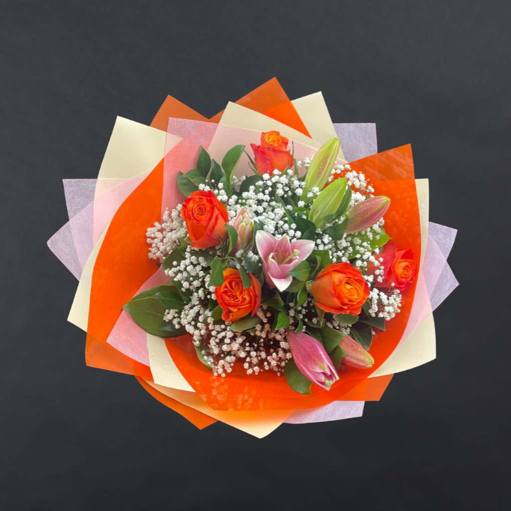 Elegant Roses Collection with Oriental Lilies - Orange - 5 STEMS