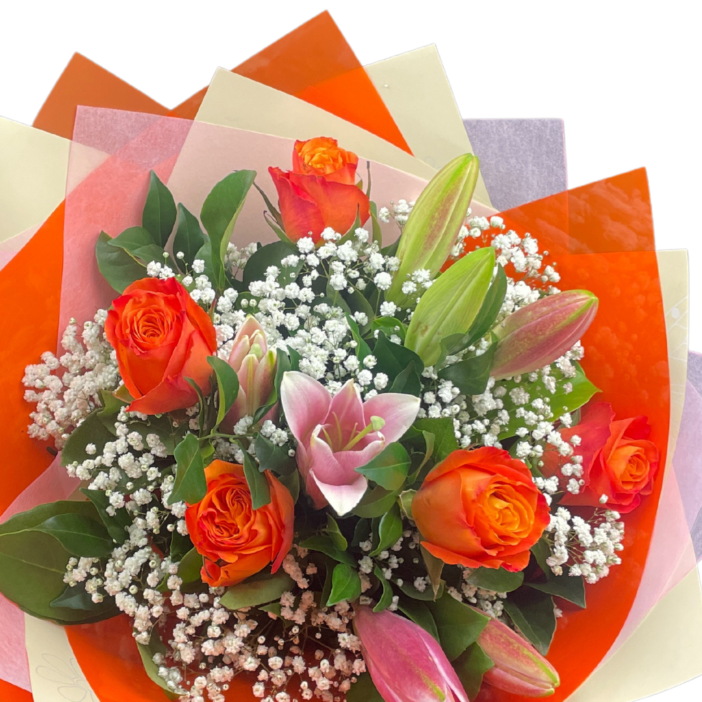 Elegant Roses Collection with Oriental Lilies - Orange - 5 STEMS