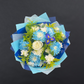Blue Horizon Bouquet With Dyed Disbuds, Iris, Rose and Golden Rod