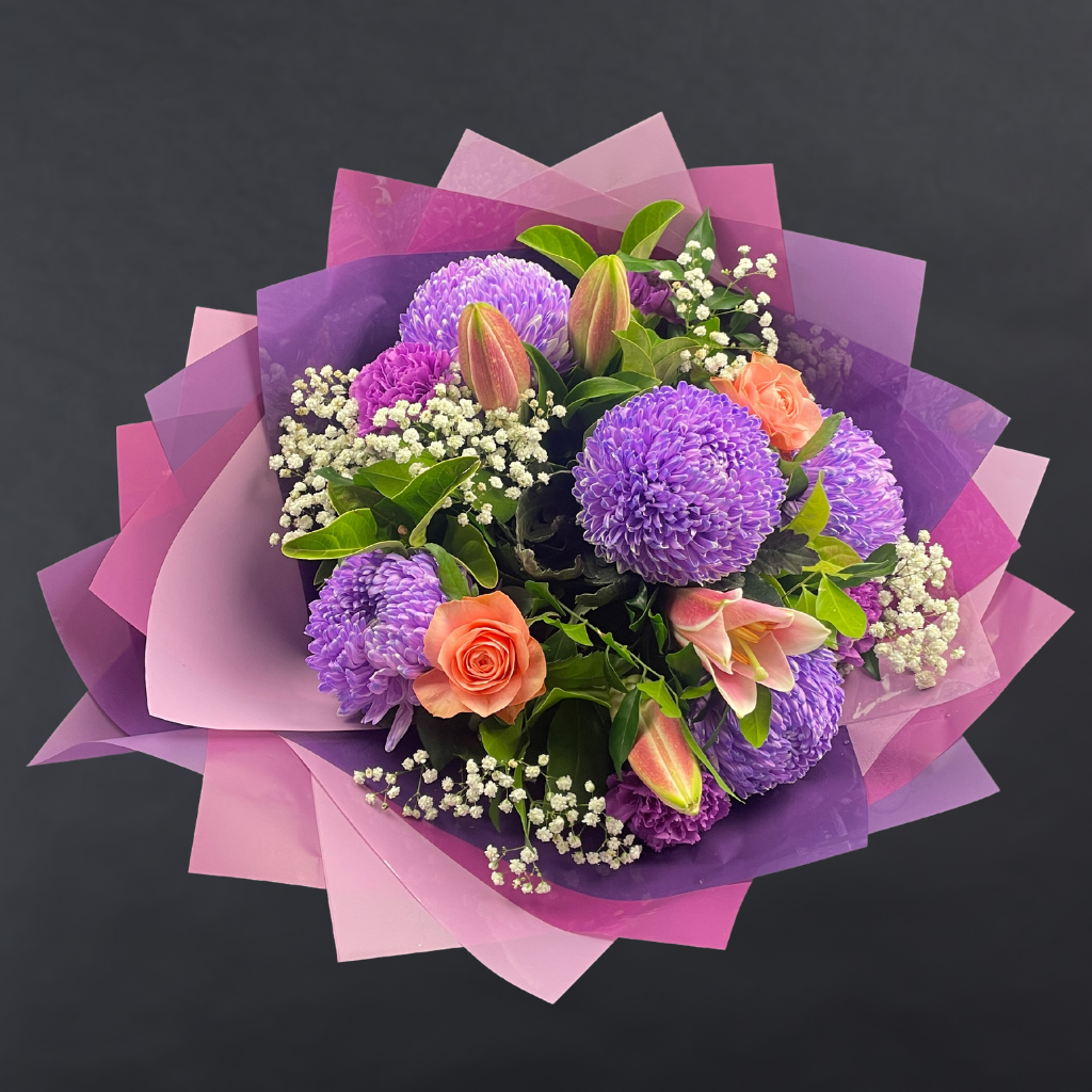 Blushing Signature With Pompom Disbuds and Roses - Purple