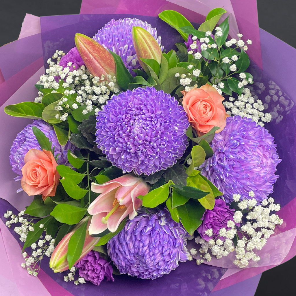 Blushing Signature With Pompom Disbuds and Roses - Purple