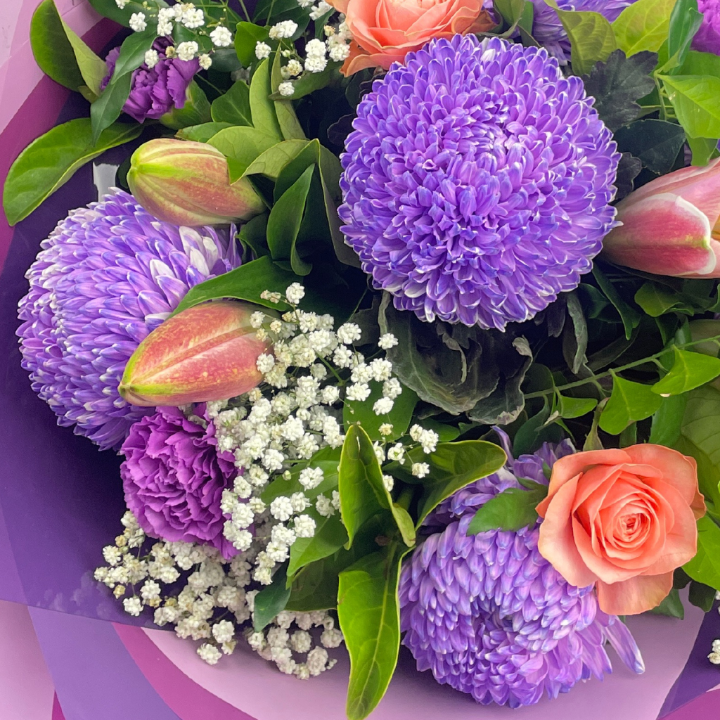 Blushing Signature With Pompom Disbuds and Roses - Purple