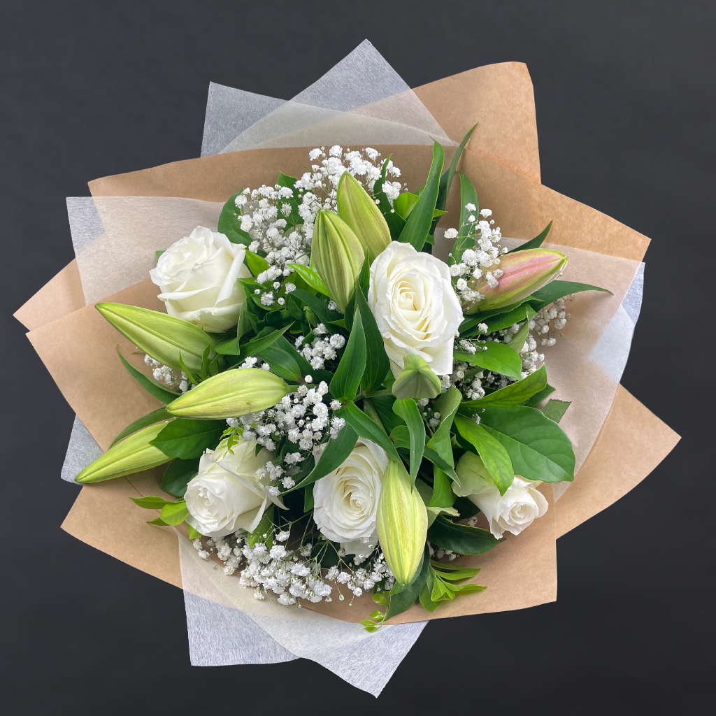 Elegant Columbia Roses With Oriental Lilies Collection- WHITE - 5 STEMS