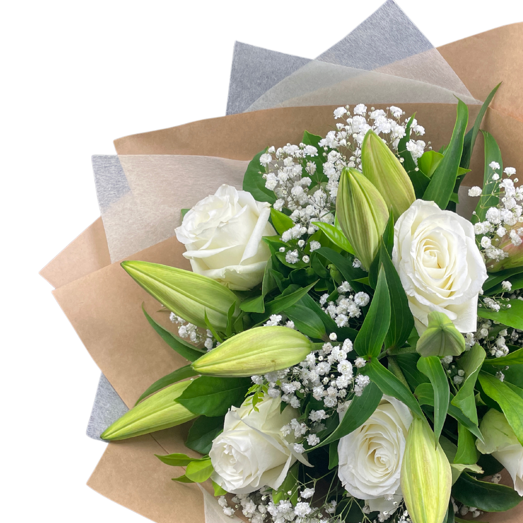 Elegant Columbia Roses With Oriental Lilies Collection- WHITE - 5 STEMS