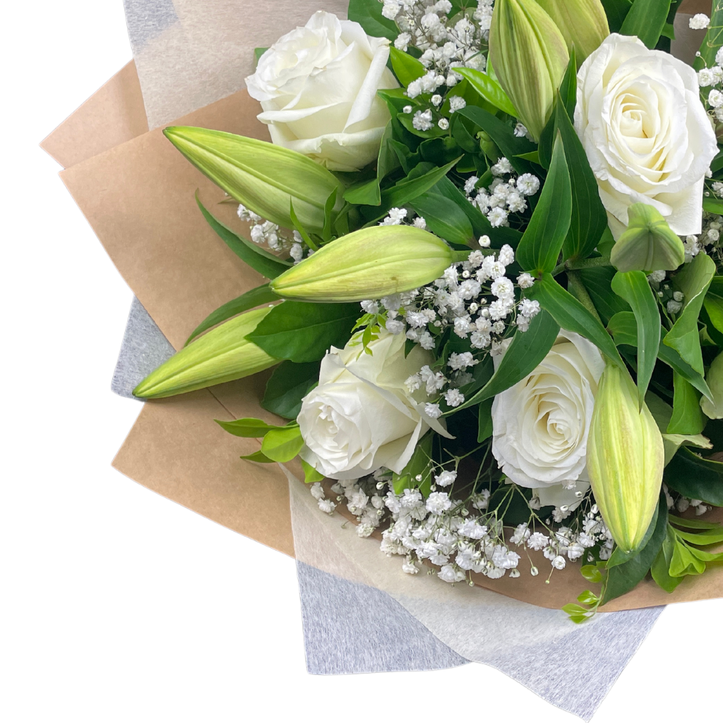 Elegant Columbia Roses With Oriental Lilies Collection- WHITE - 5 STEMS