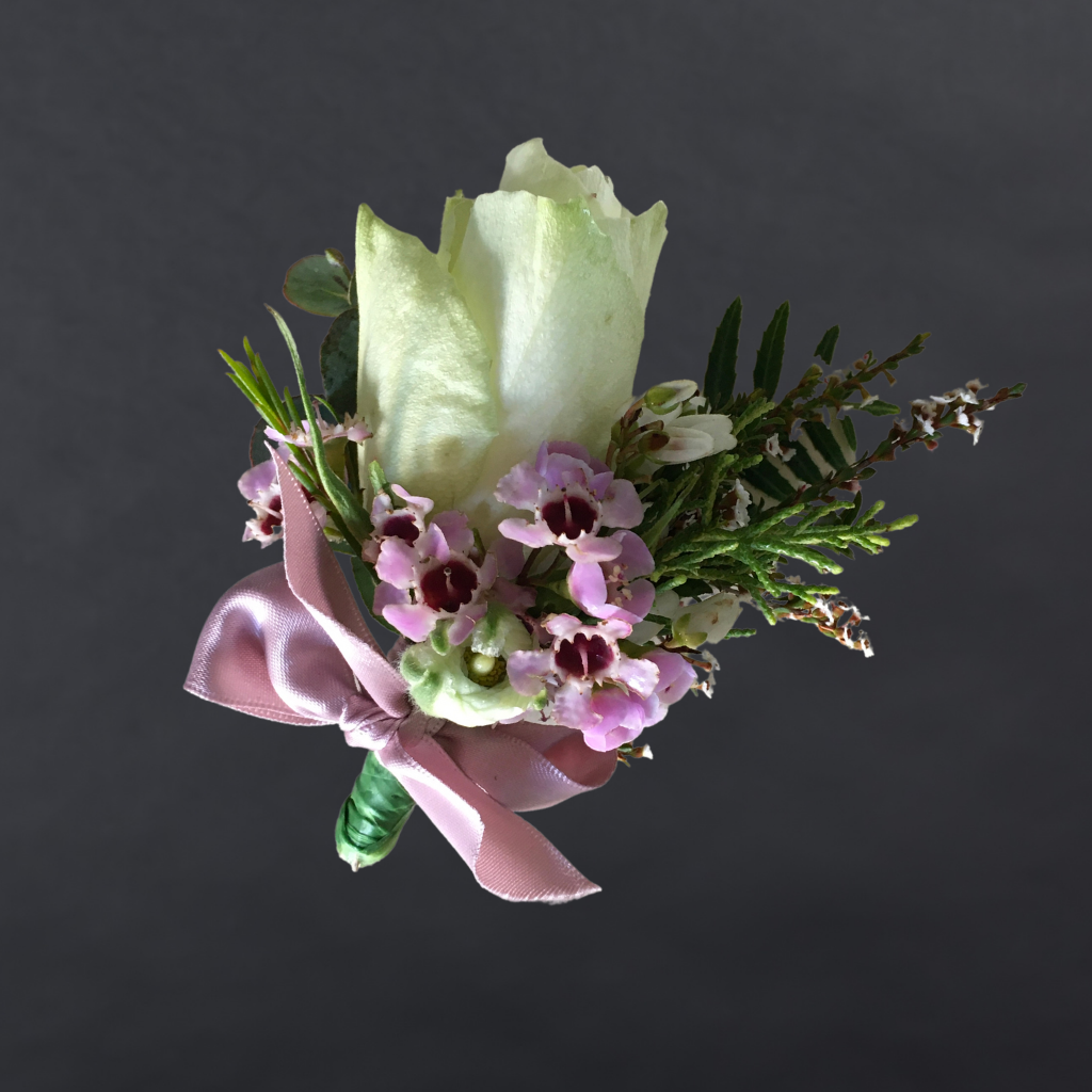 Boutonniere With Single Rose + Gypsophila + Greenery