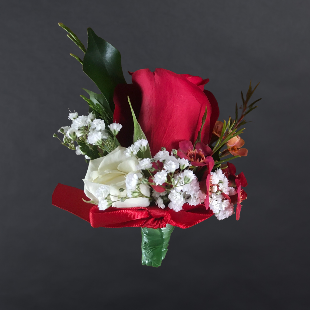 Boutonniere With Single Rose + Gypsophila + Greenery