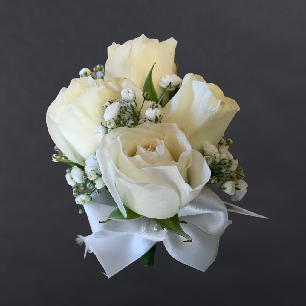 Corsage With White Premium Mini Roses + Gypsophila + Greenery